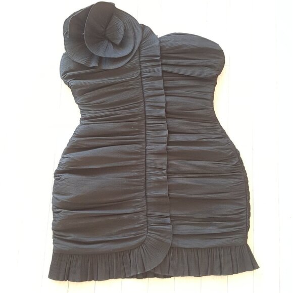 RONNY KOBO ! Daniel Strapless Gathered Ruffle Trim Rosette Mini Dress, M - Picture 7 of 13
